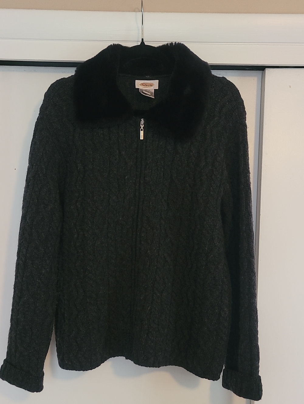 Talbots Charcoal Cable-Knit Zip Cardigan with Faux-Fur Collar